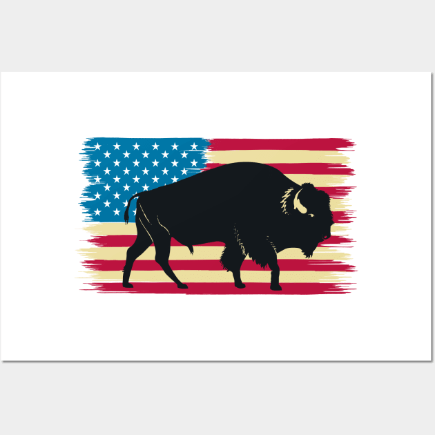 American Bison Buffalo Patriotic USA Flag Funny Buffalo Wall Art by zyononzy